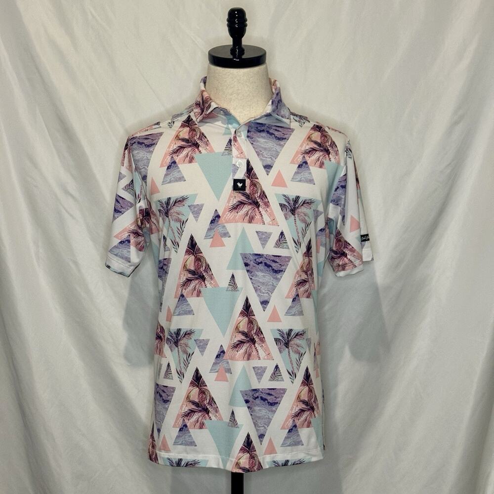 Bad Birdie Cali Golf Polo Shirt Mens Medium Pastel Geometric Palm Tree Tropical